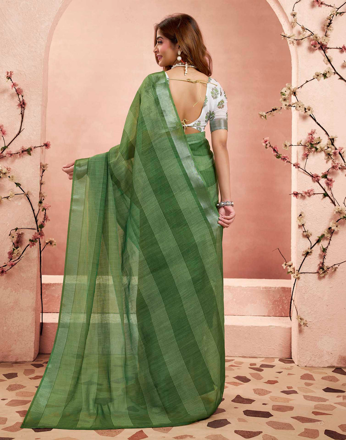 Ready To Wear Green Linen Printed Saree