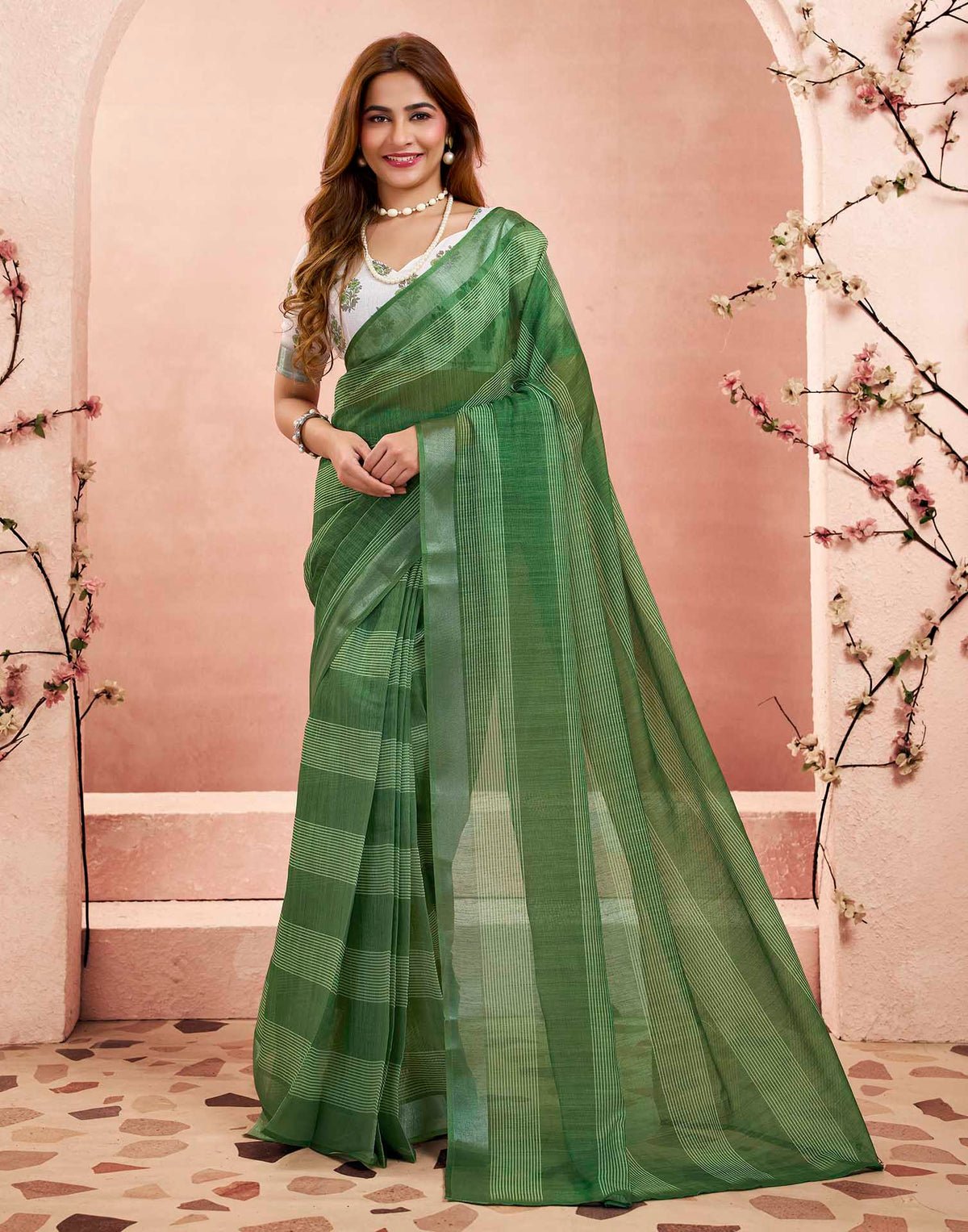 Ready To Wear Green Linen Printed Saree