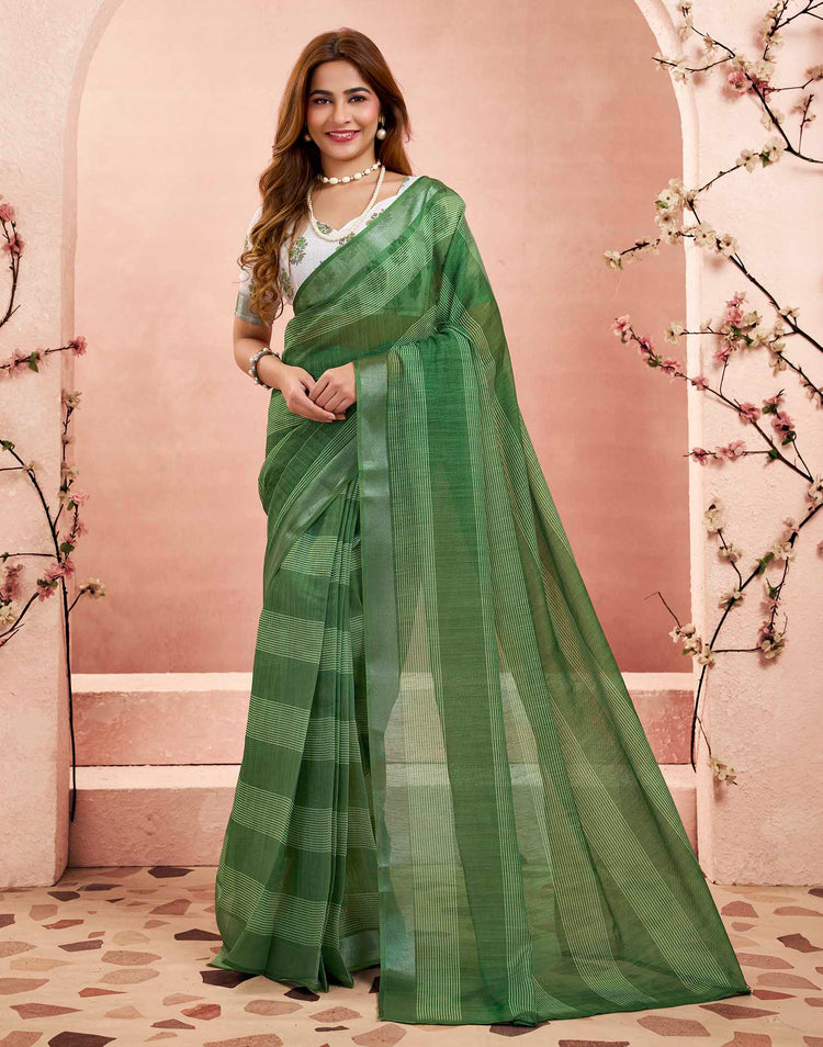 Ready To Wear Green Linen Printed Saree