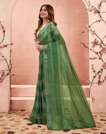 Ready To Wear Green Linen Printed Saree