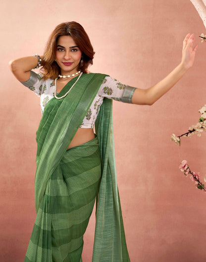 Ready To Wear Green Linen Printed Saree