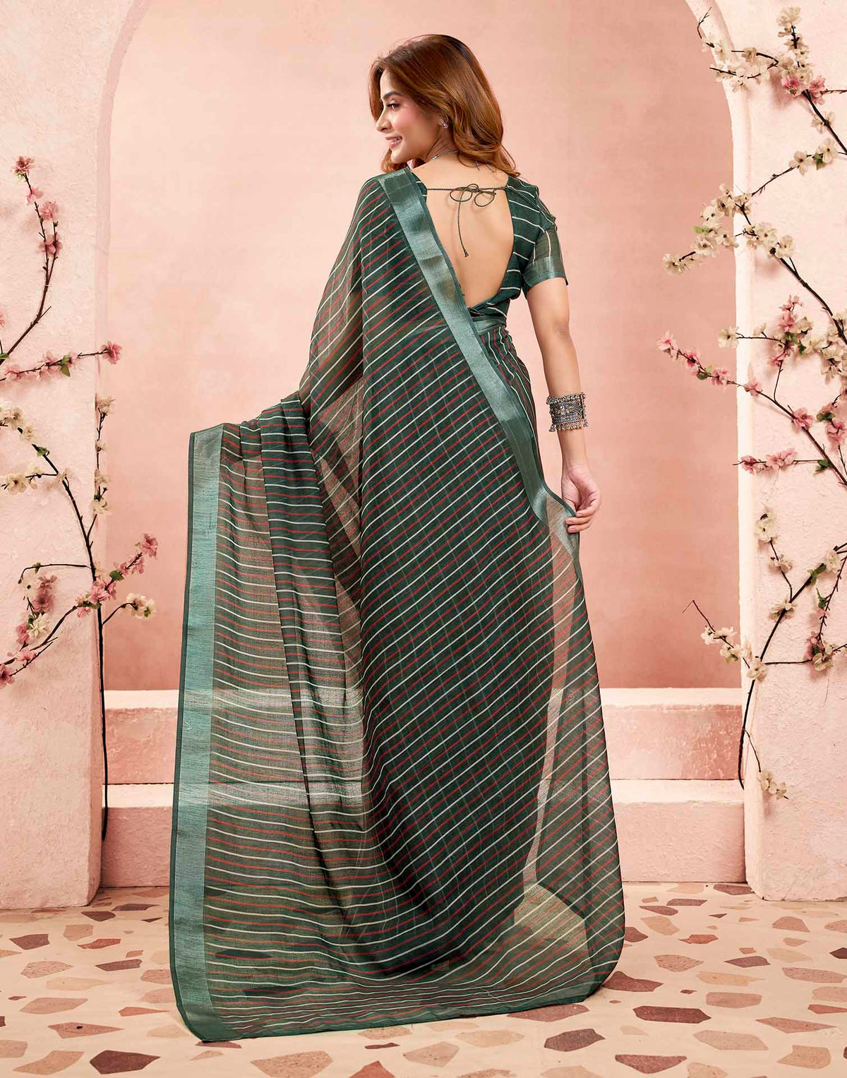 Ready To Wear Dark Green Linen Printed Saree