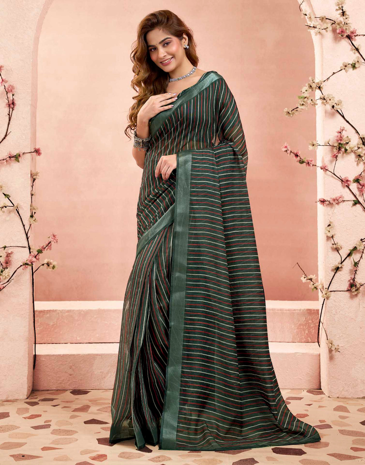 Ready To Wear Dark Green Linen Printed Saree