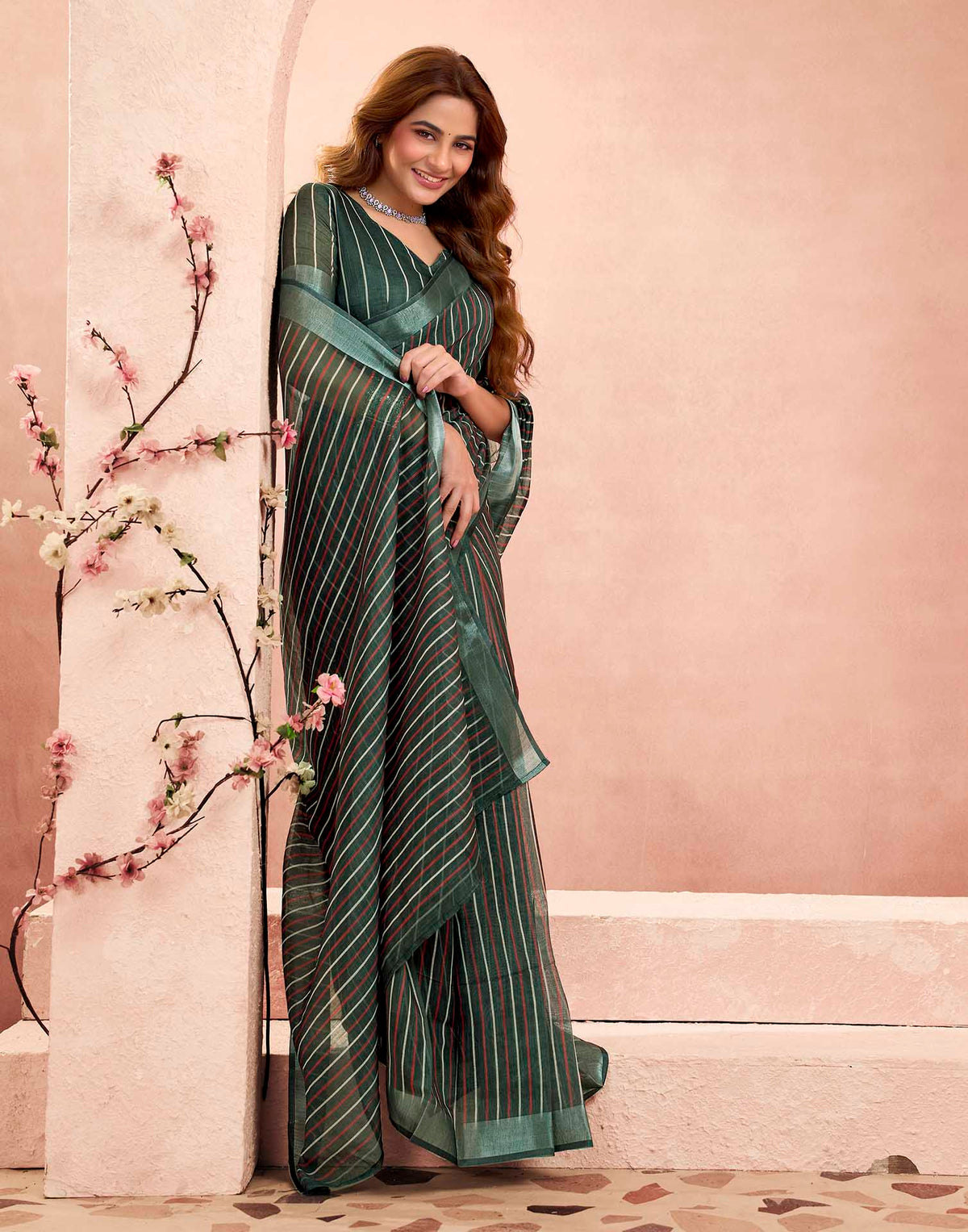 Ready To Wear Dark Green Linen Printed Saree