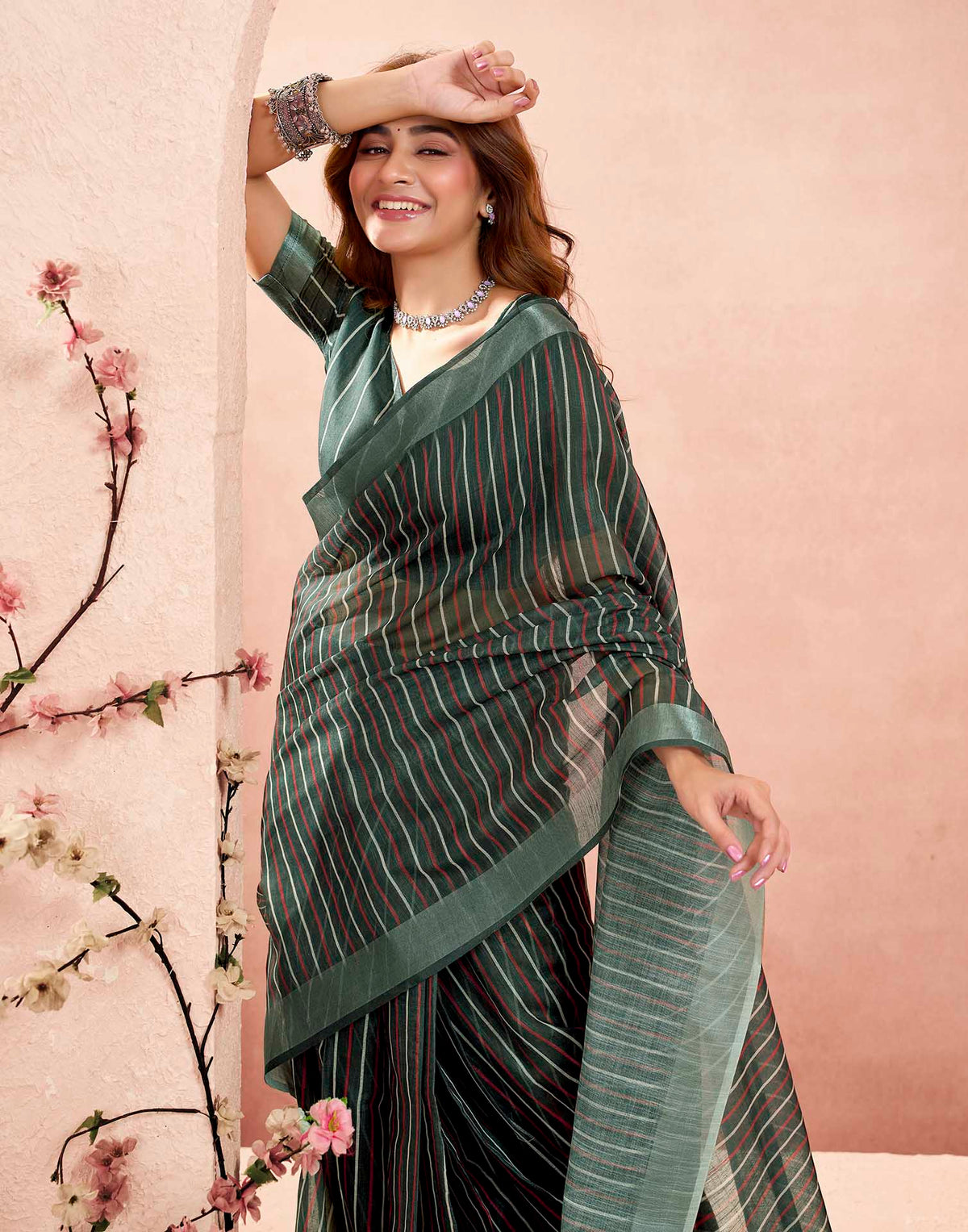 Ready To Wear Dark Green Linen Printed Saree