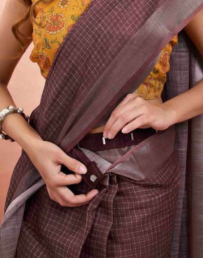 Ready To Wear Dusty Brown Linen Checkered Printed Saree