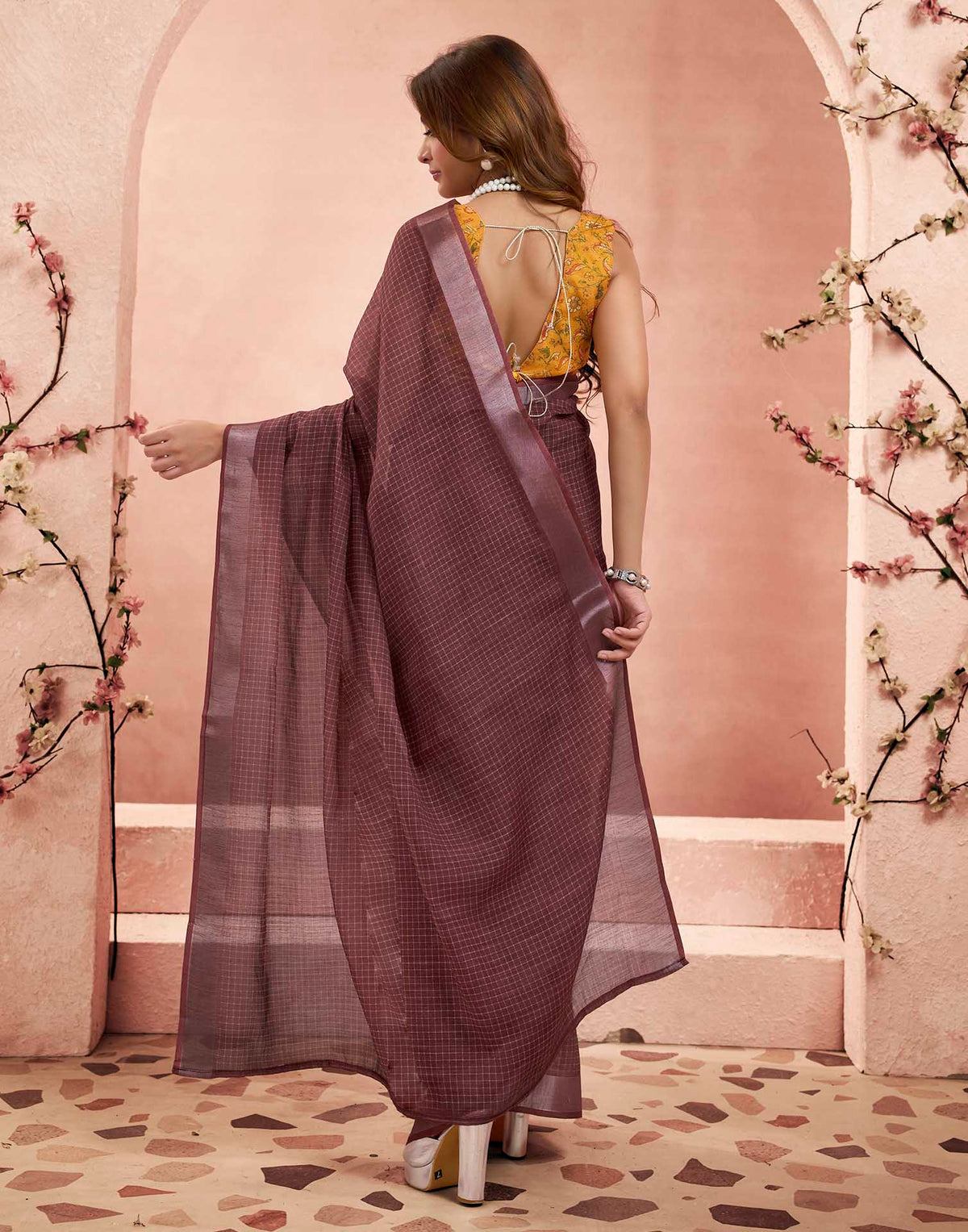 Ready To Wear Dusty Brown Linen Checkered Printed Saree