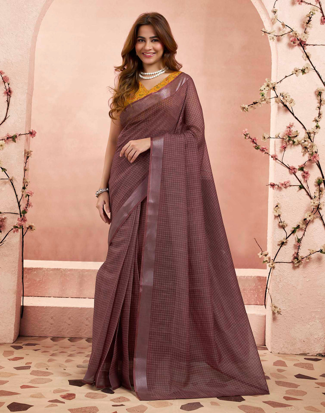 Ready To Wear Dusty Brown Linen Checkered Printed Saree