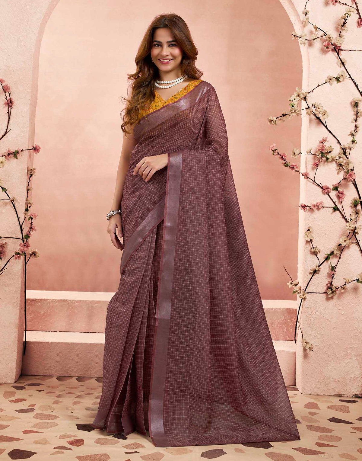Ready To Wear Dusty Brown Linen Checkered Printed Saree
