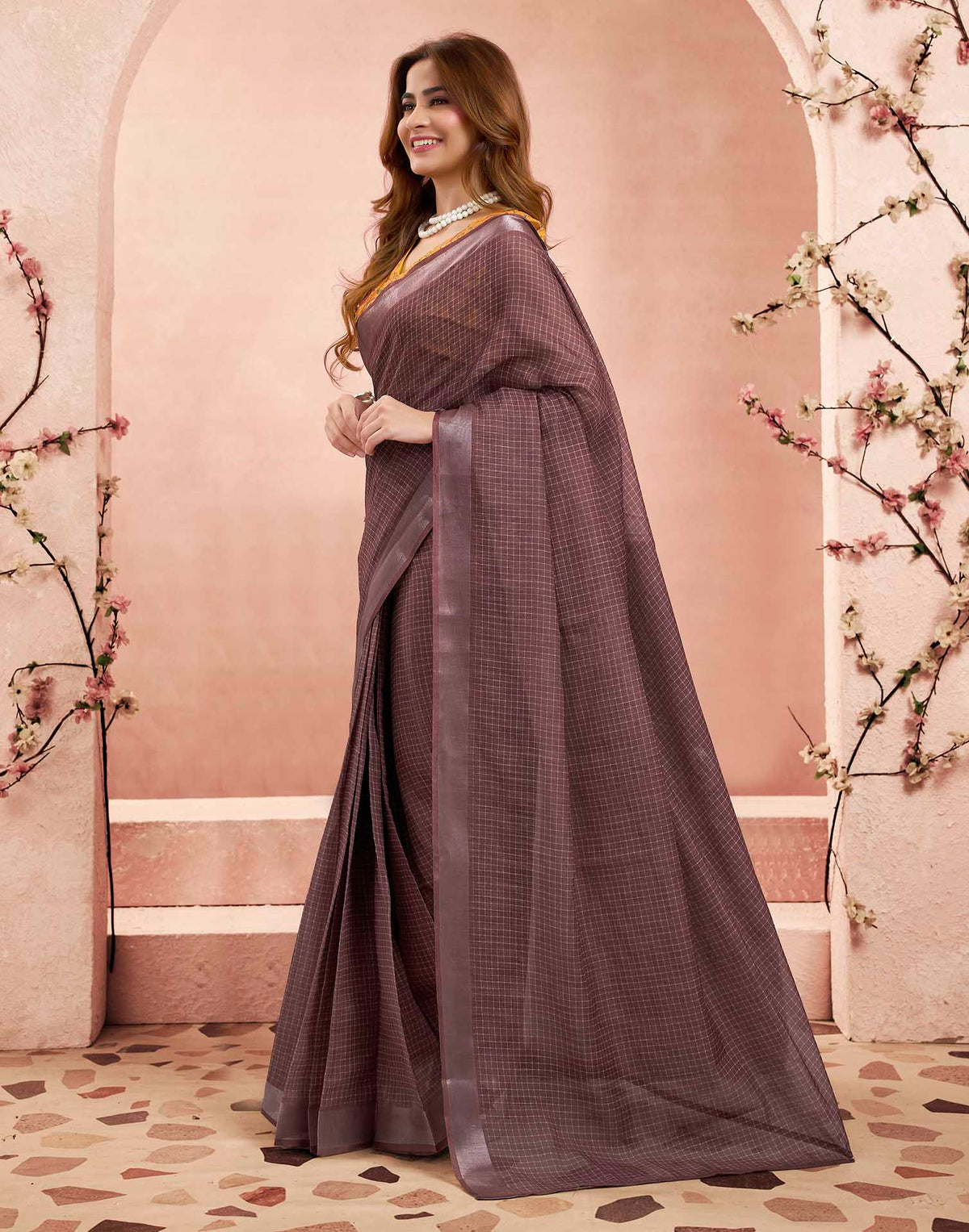 Ready To Wear Dusty Brown Linen Checkered Printed Saree