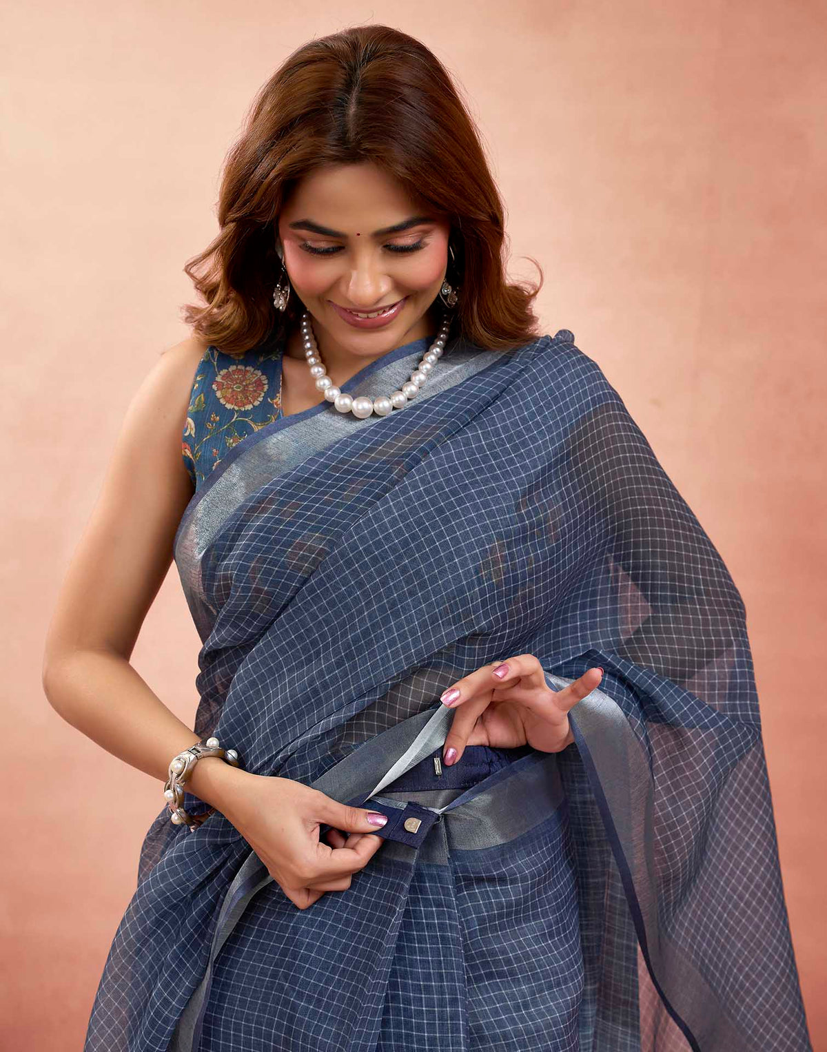 Ready To Wear Steal Blue Linen Checkered Printed Saree