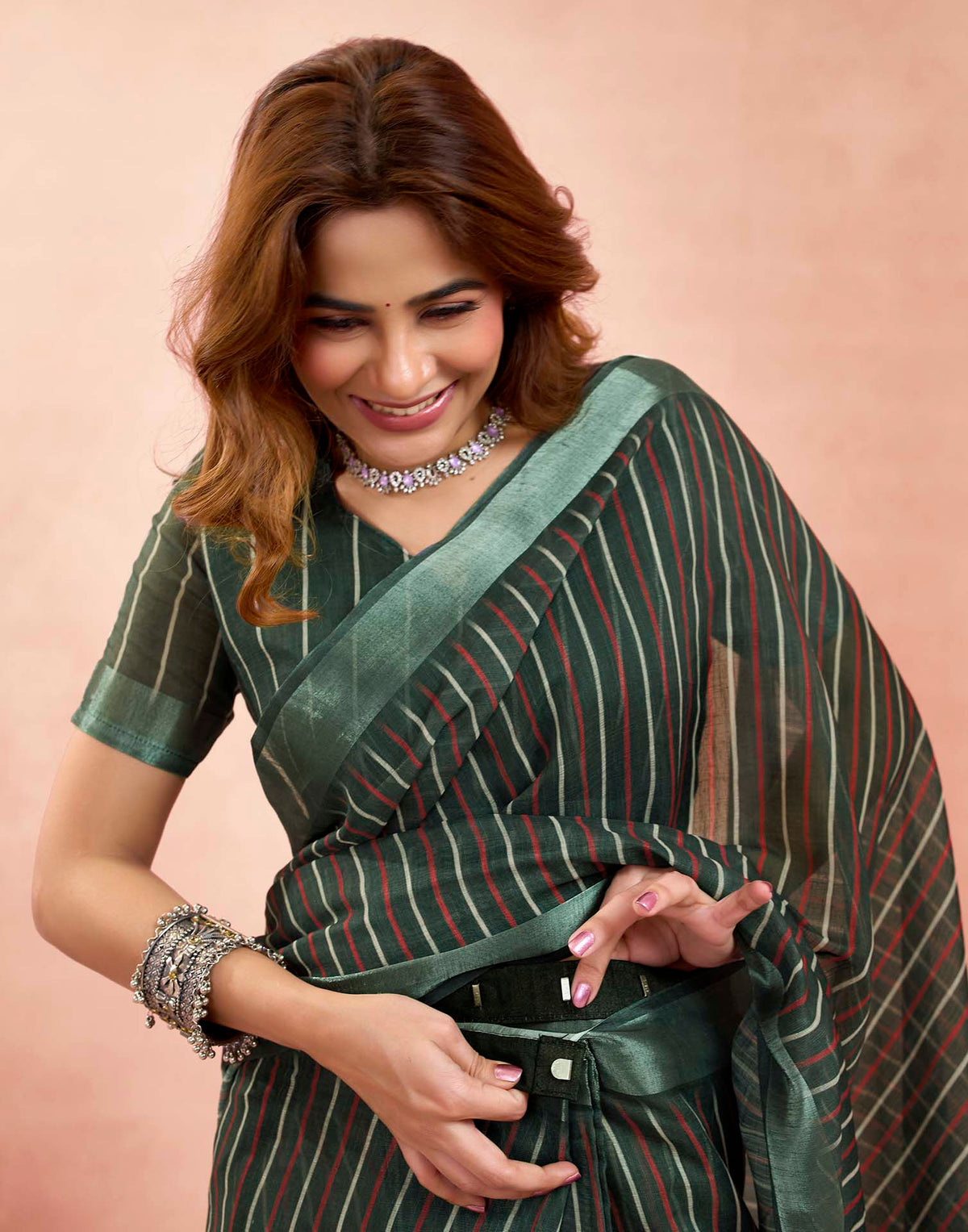 Ready To Wear Dark Green Linen Printed Saree