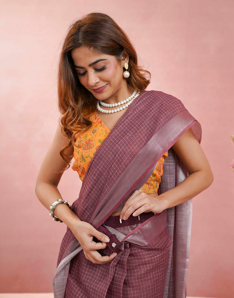 Ready To Wear Dusty Brown Linen Checkered Printed Saree
