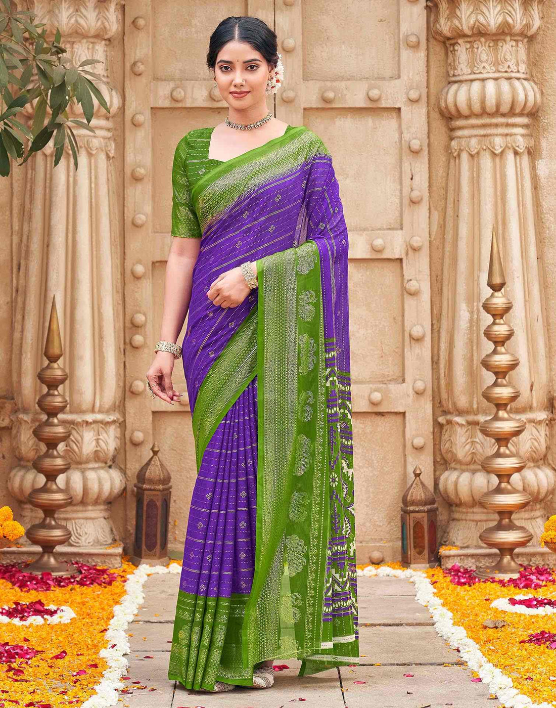 Purple Georgette Foil Printed Saree