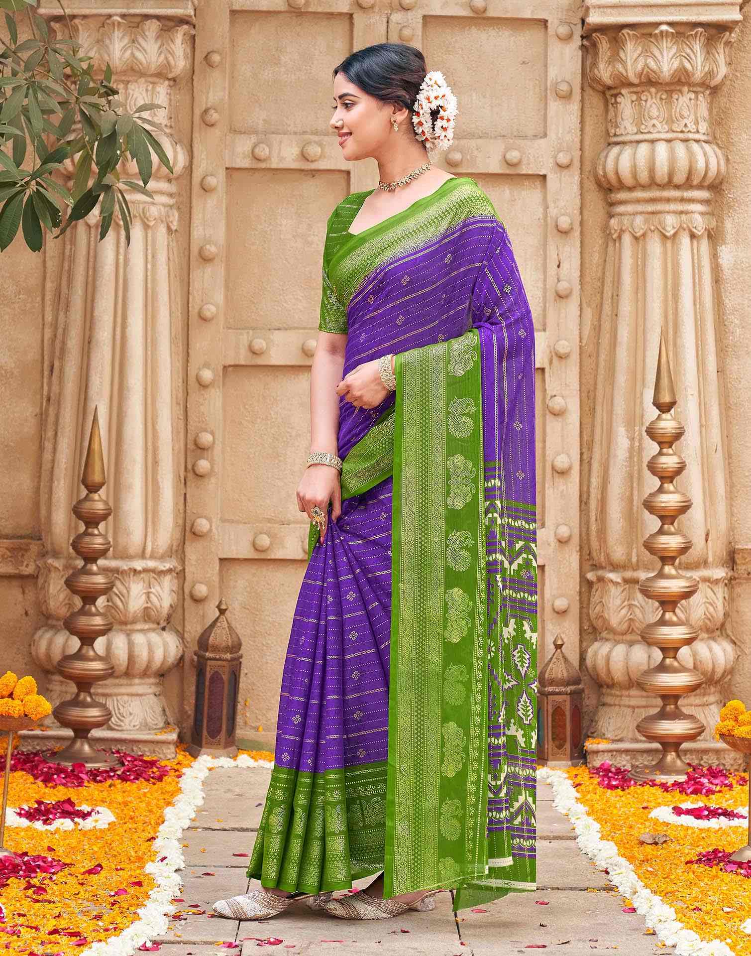 Purple Georgette Foil Printed Saree