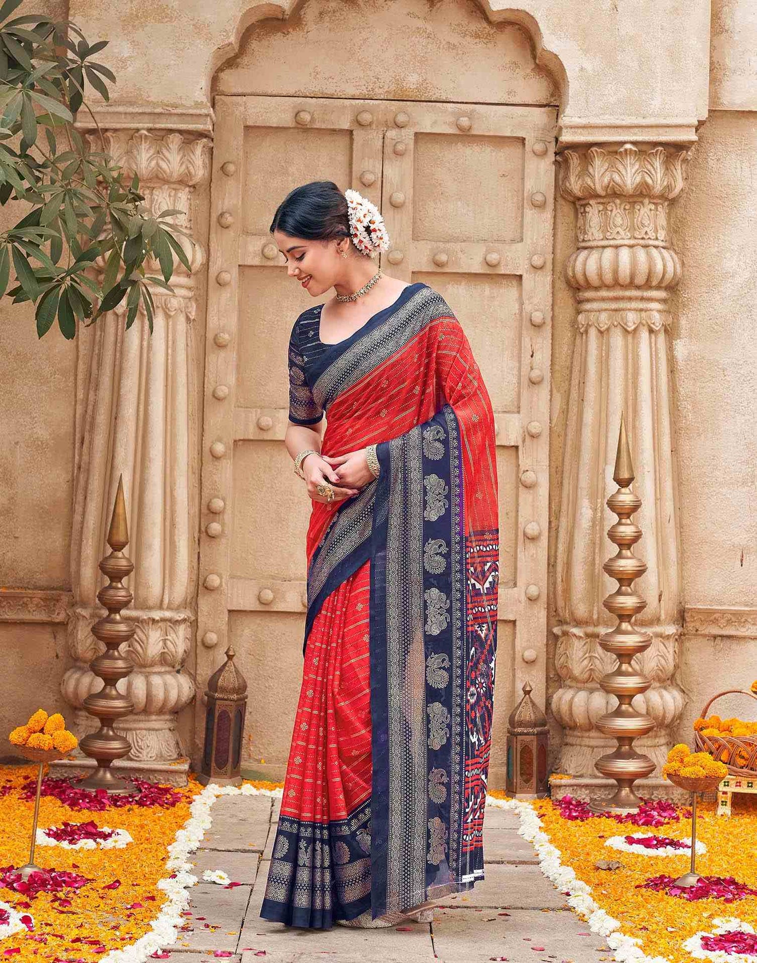 Red Georgette Foil Printed Saree