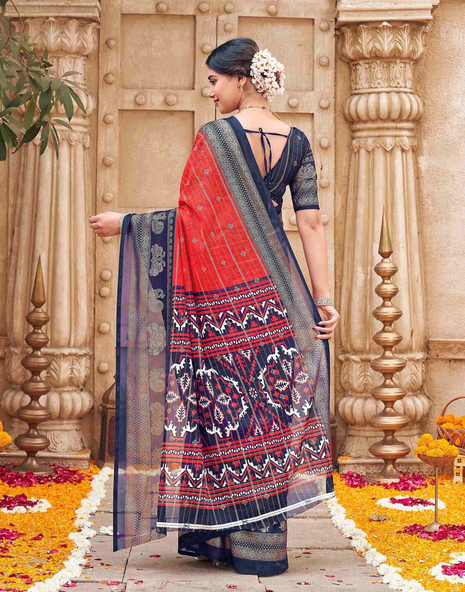Red Georgette Foil Printed Saree