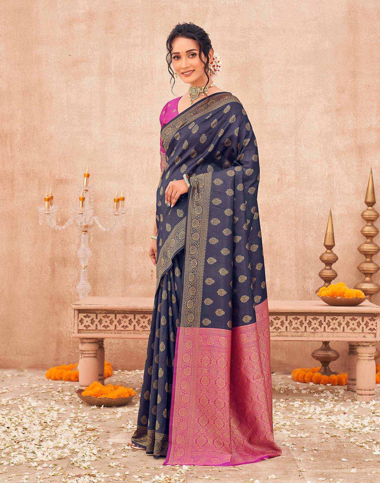 Navy Blue Shimmer Silk Woven Banarasi Saree