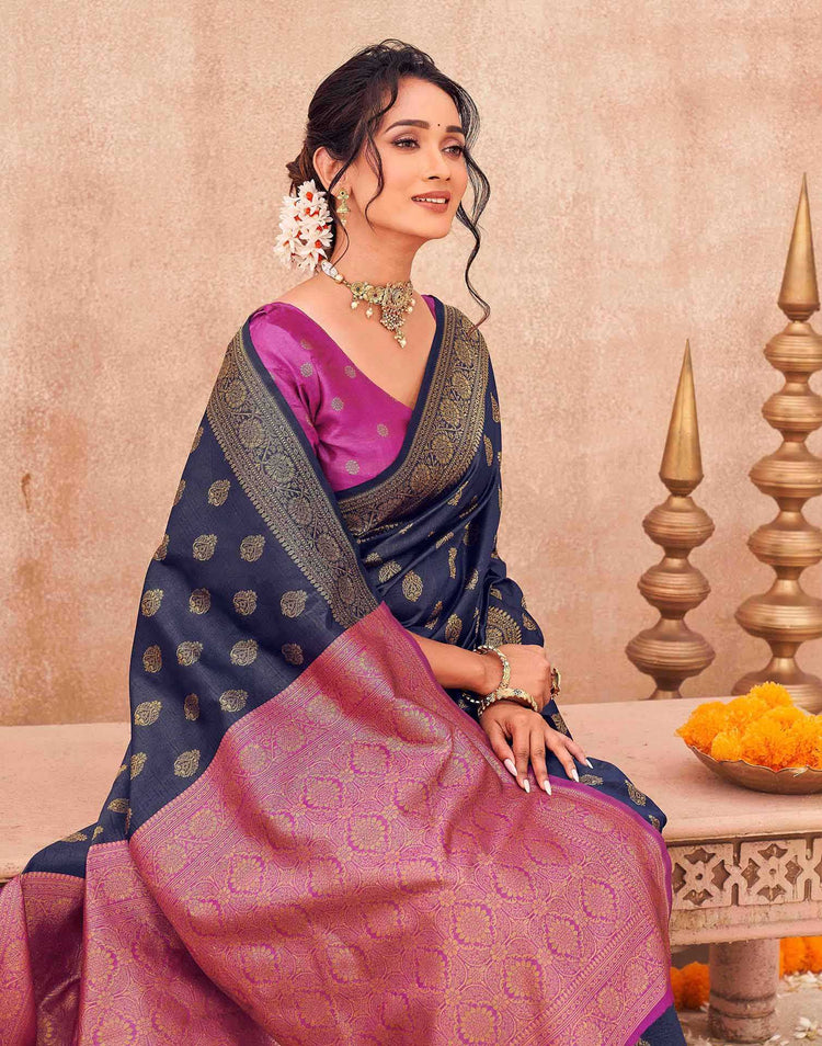 Navy Blue Shimmer Silk Woven Banarasi Saree