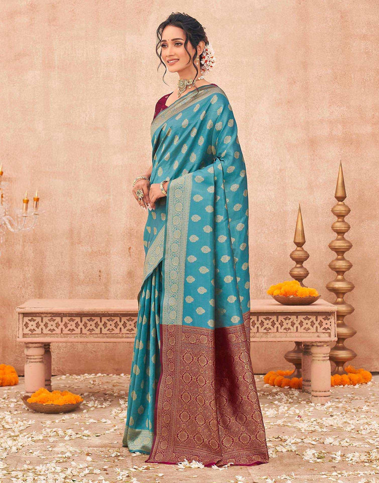 Teal Blue Shimmer Silk Woven Banarasi Saree