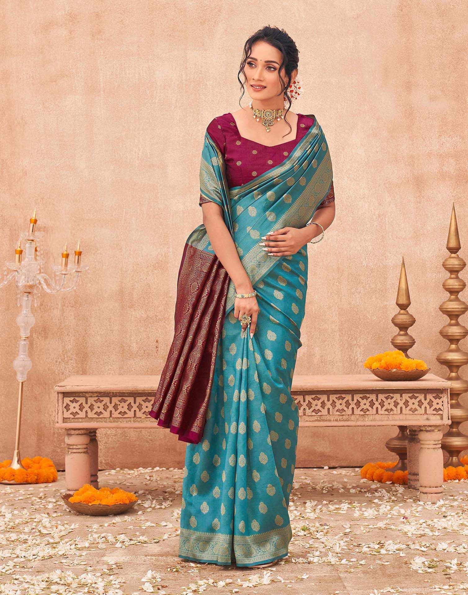 Teal Blue Shimmer Silk Woven Banarasi Saree
