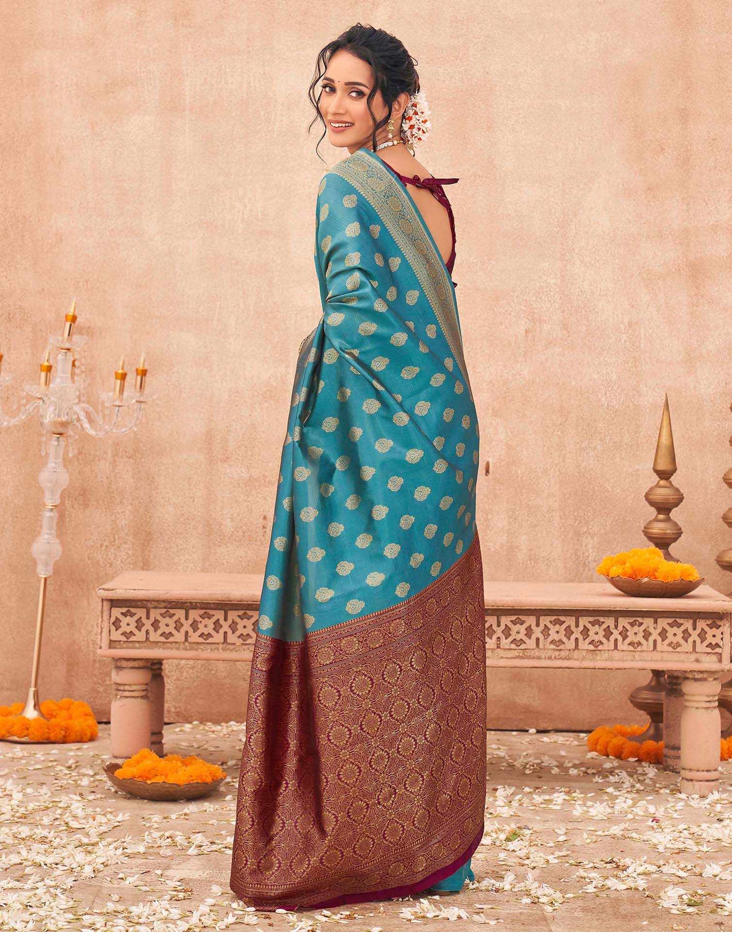 Teal Blue Shimmer Silk Woven Banarasi Saree