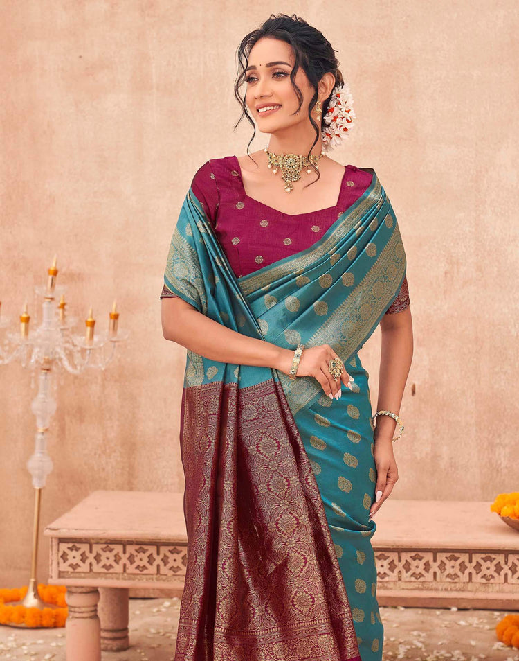 Teal Blue Shimmer Silk Woven Banarasi Saree
