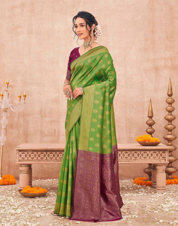 Parrot Green Shimmer Silk Woven Banarasi Saree