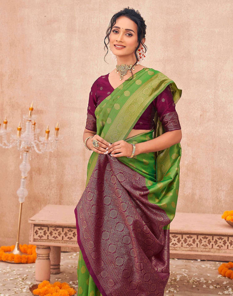 Parrot Green Shimmer Silk Woven Banarasi Saree