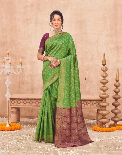 Parrot Green Shimmer Silk Woven Banarasi Saree