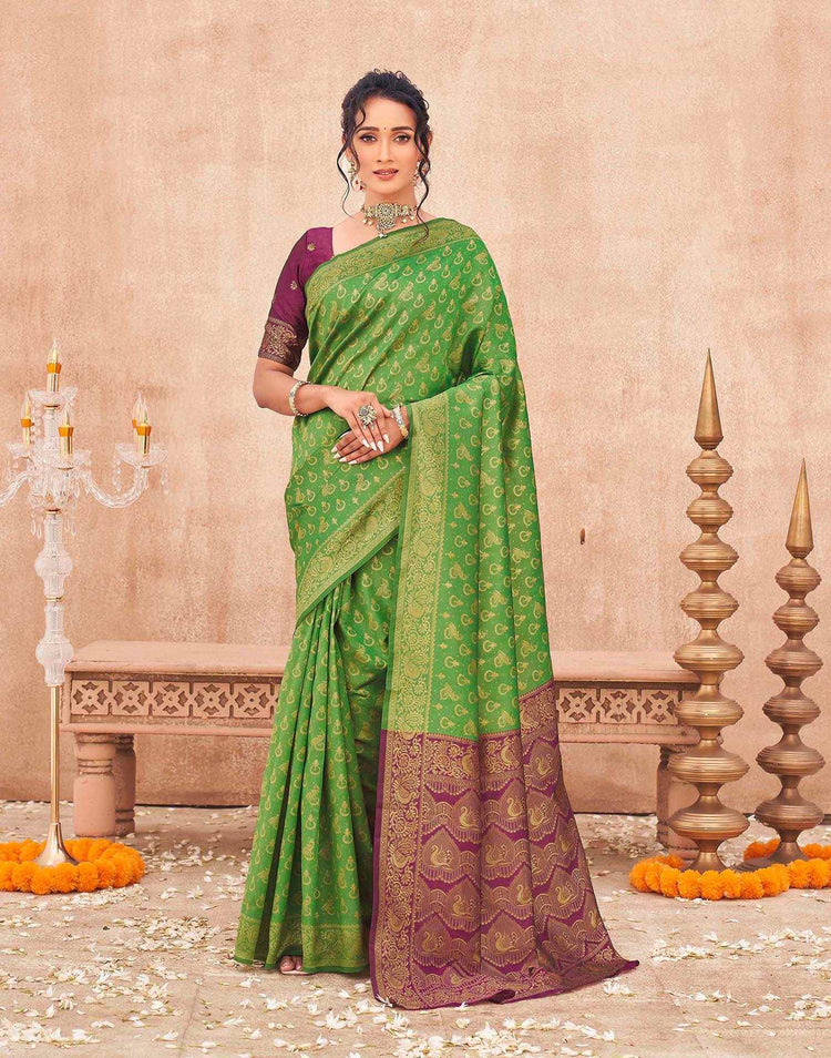 Parrot Green Shimmer Silk Woven Banarasi Saree
