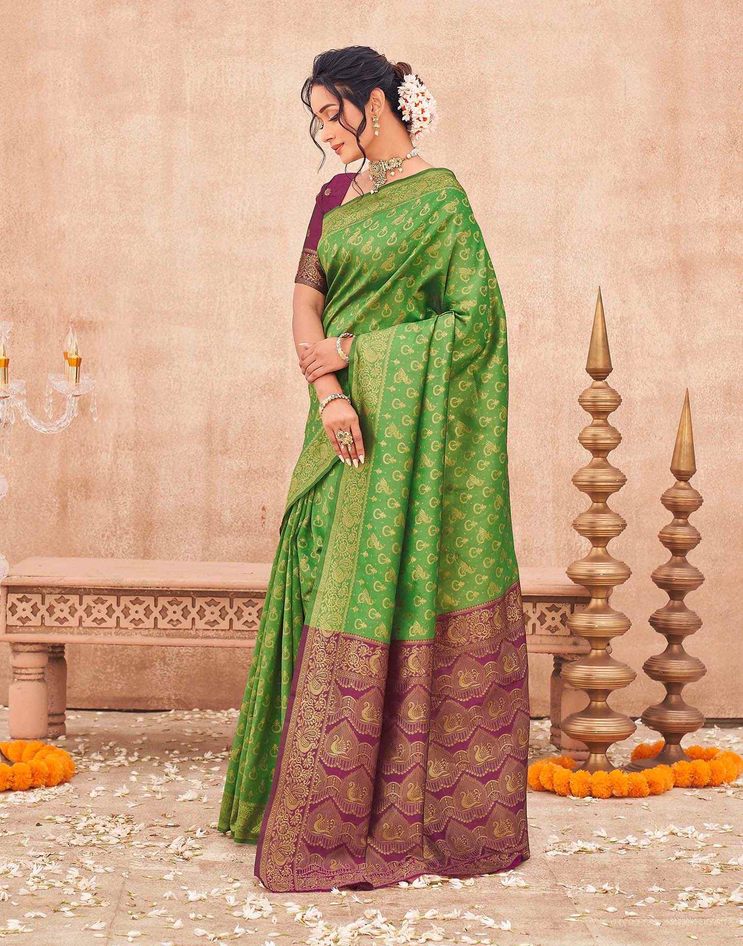 Parrot Green Shimmer Silk Woven Banarasi Saree