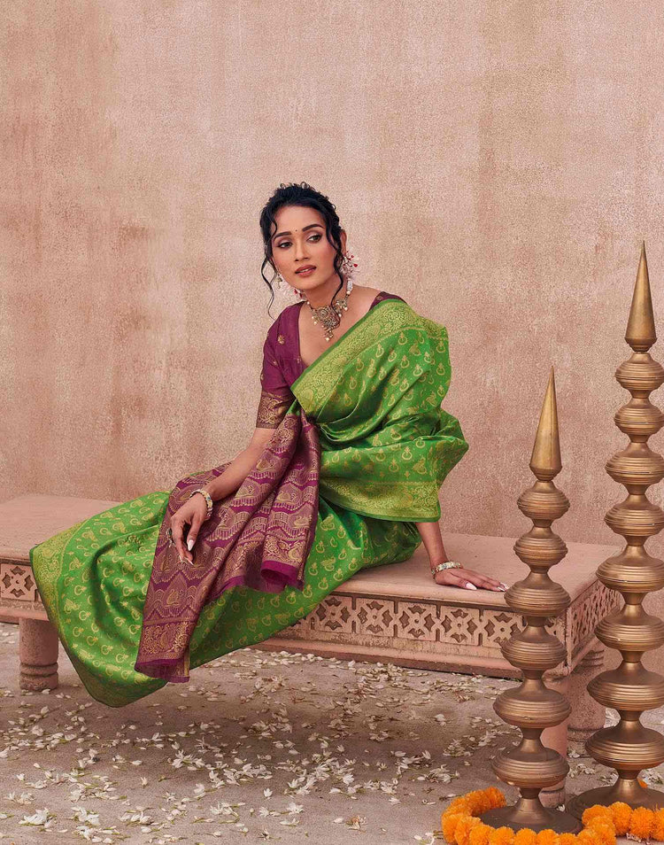 Parrot Green Shimmer Silk Woven Banarasi Saree