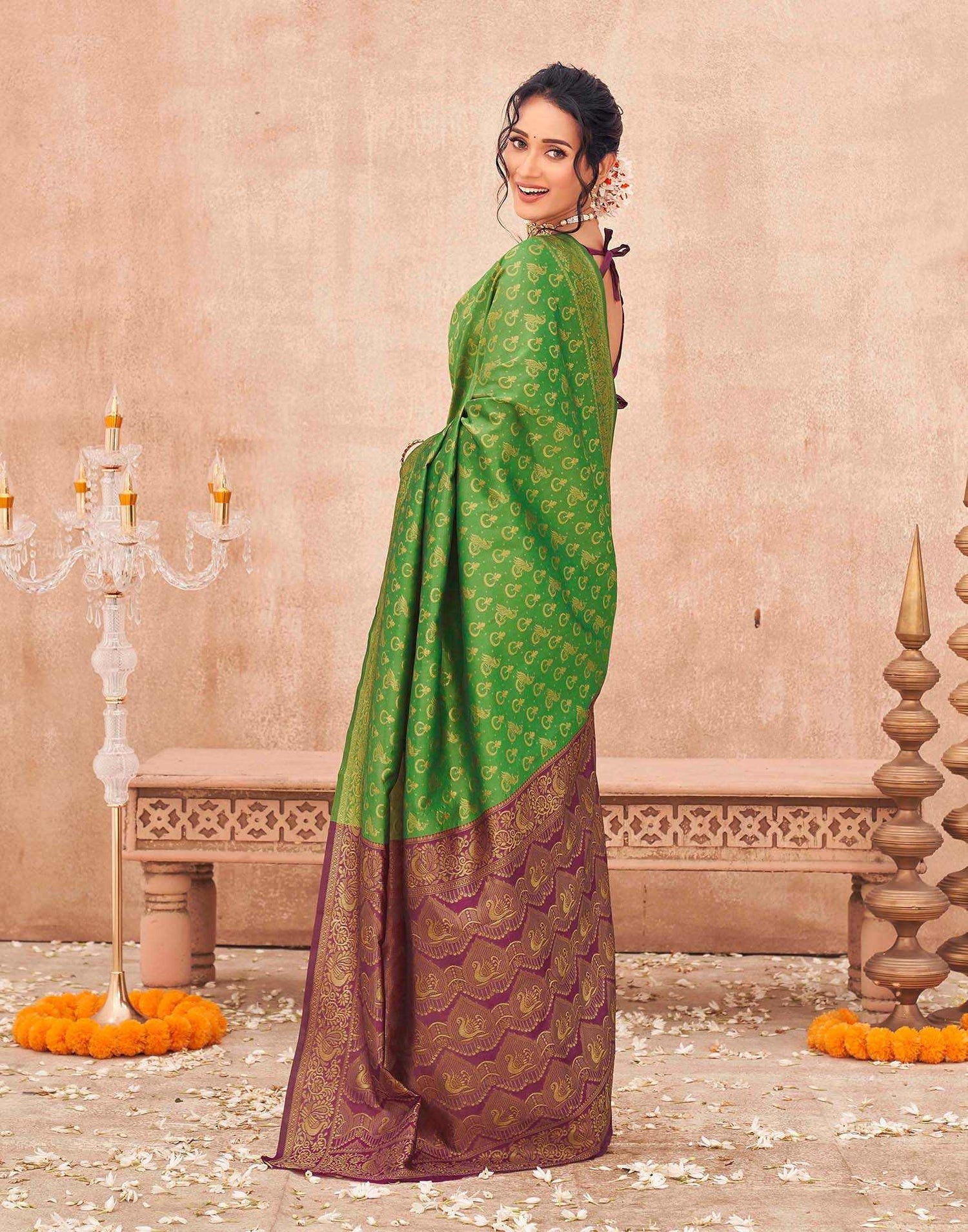 Parrot Green Shimmer Silk Woven Banarasi Saree