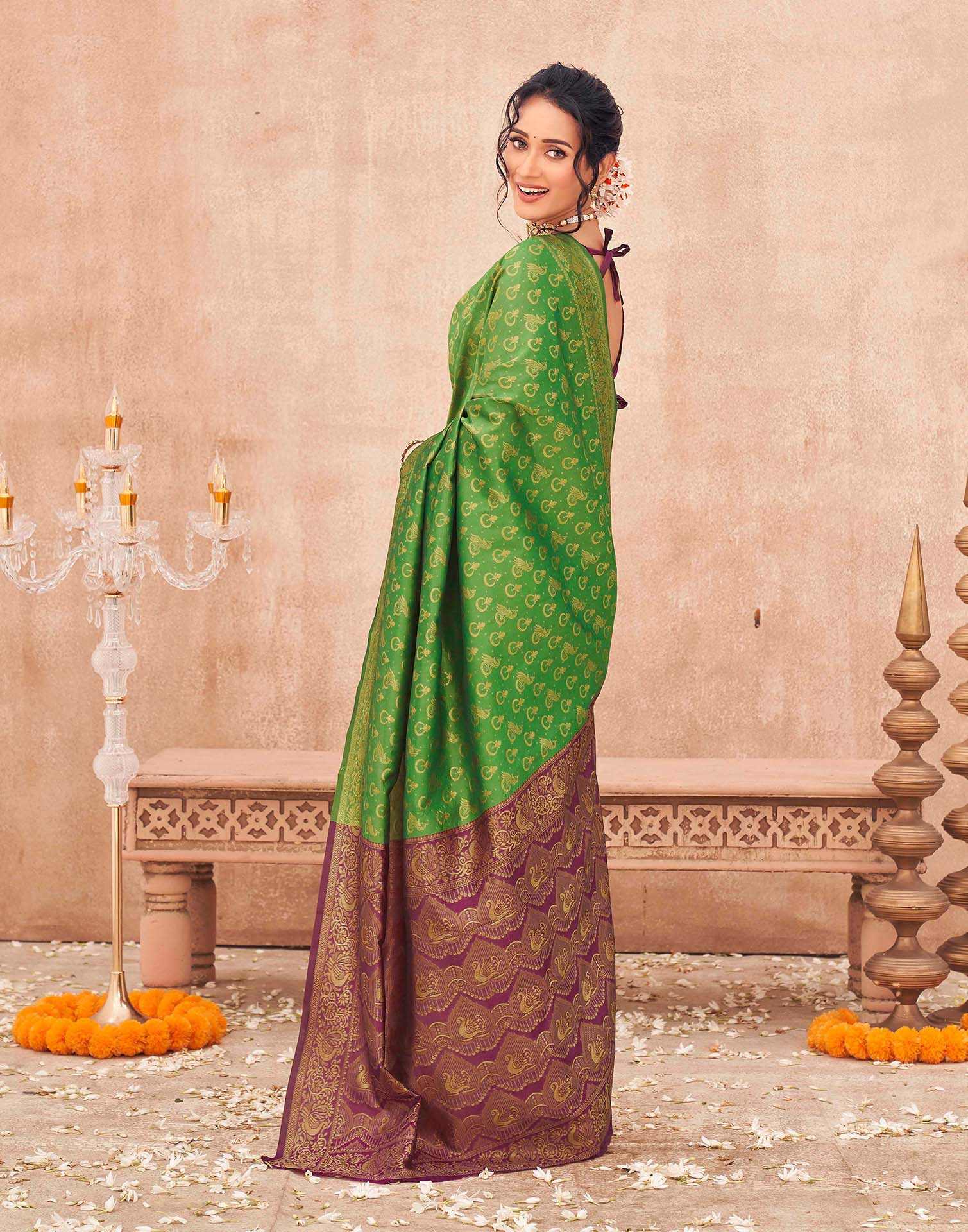 Parrot Green Shimmer Silk Woven Banarasi Saree