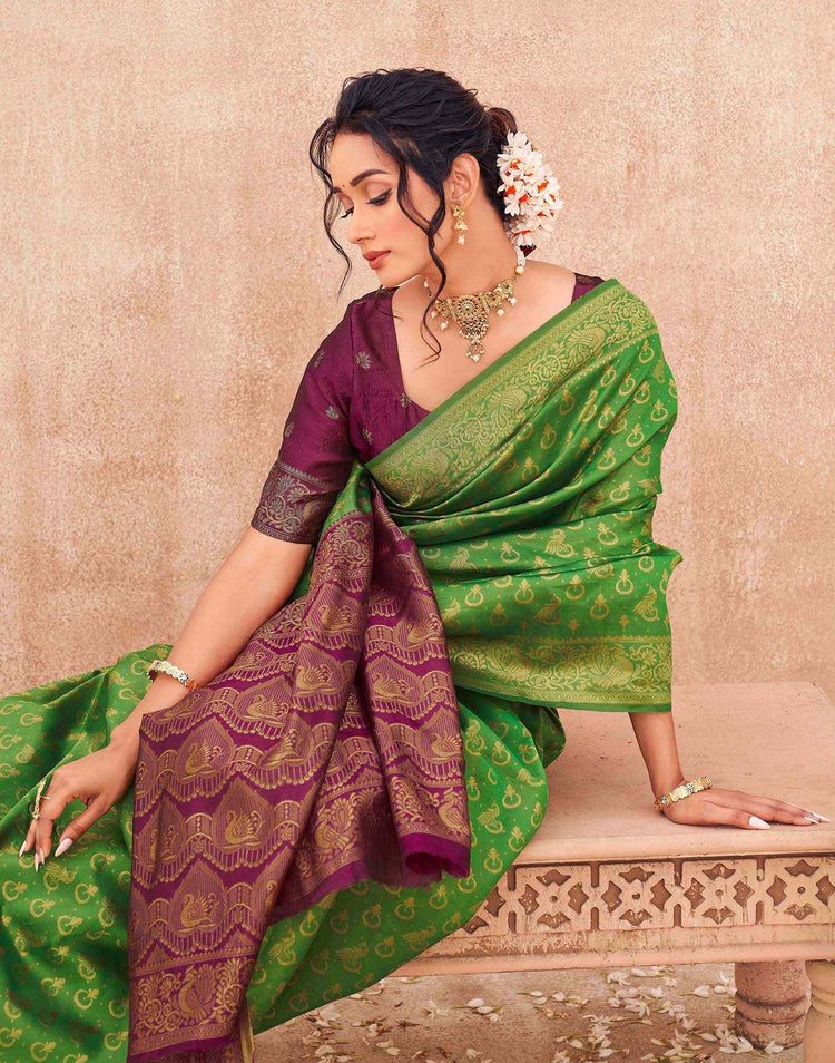Parrot Green Shimmer Silk Woven Banarasi Saree