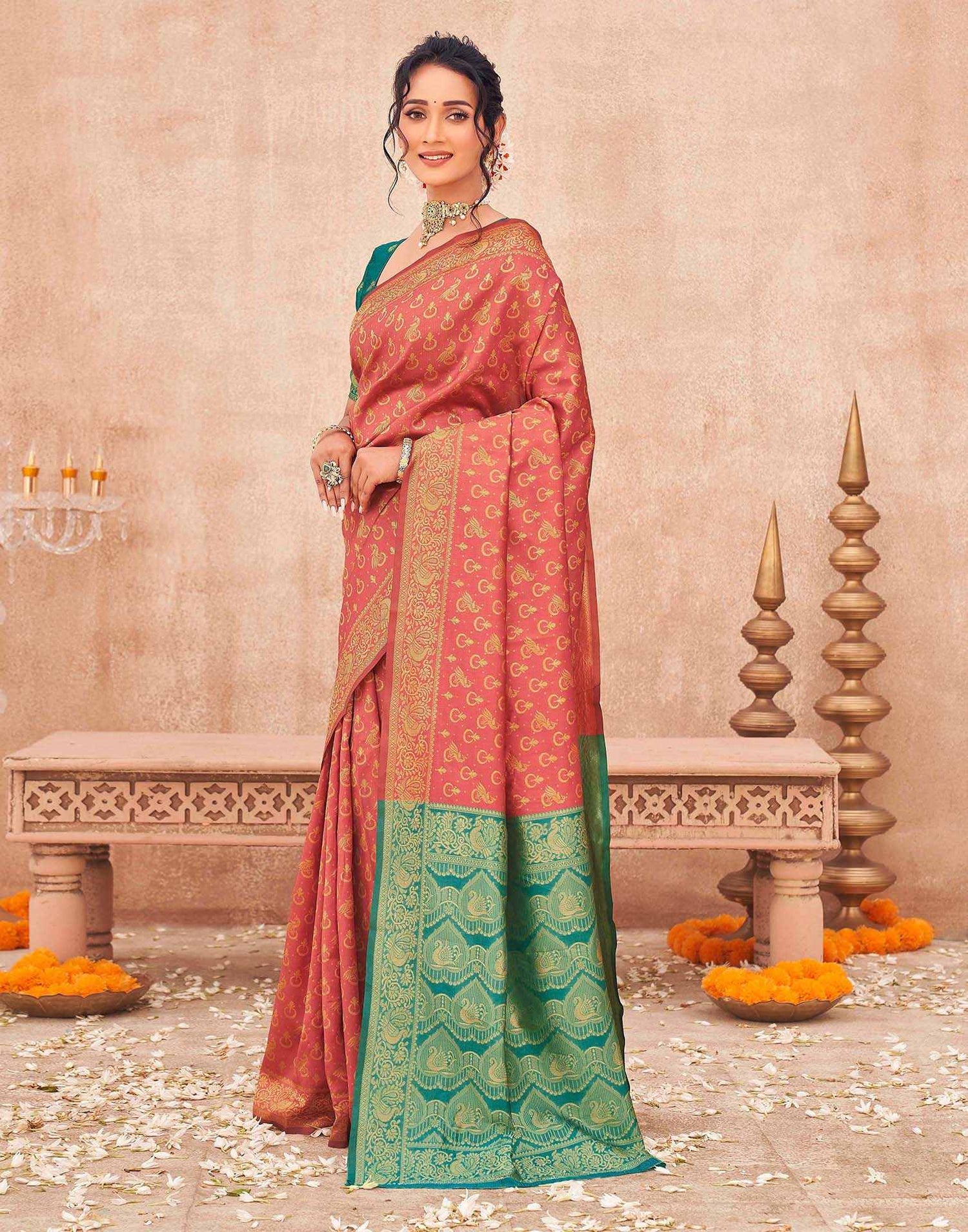 Coral Pink Shimmer Silk Woven Banarasi Saree