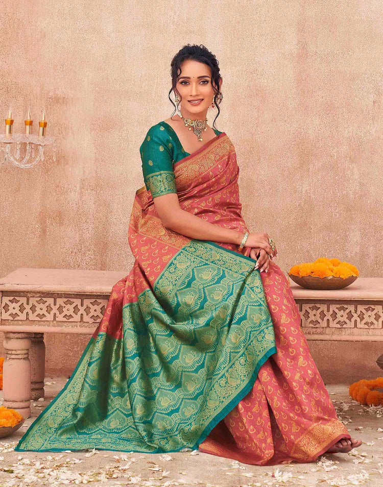Coral Pink Shimmer Silk Woven Banarasi Saree