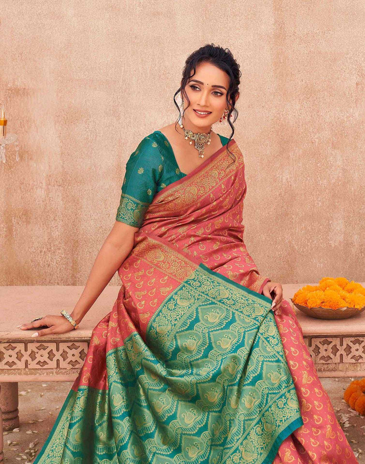 Coral Pink Shimmer Silk Woven Banarasi Saree