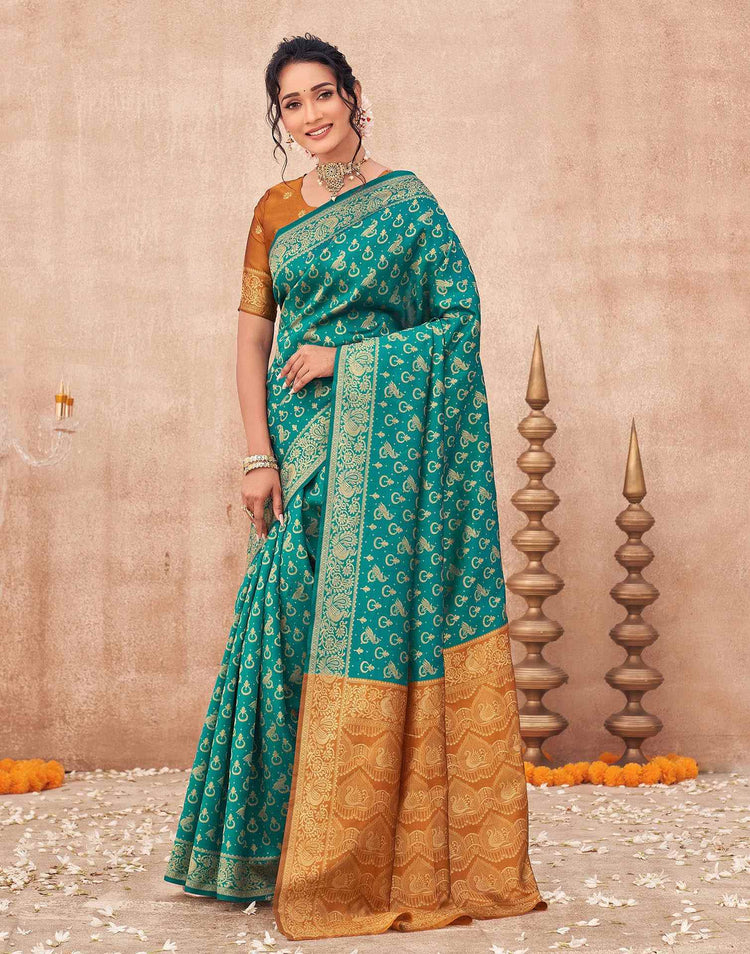 Teal Green Shimmer Silk Woven Banarasi Saree