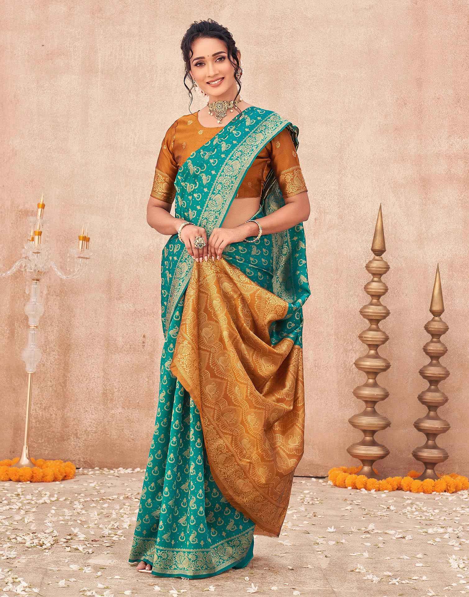 Teal Green Shimmer Silk Woven Banarasi Saree