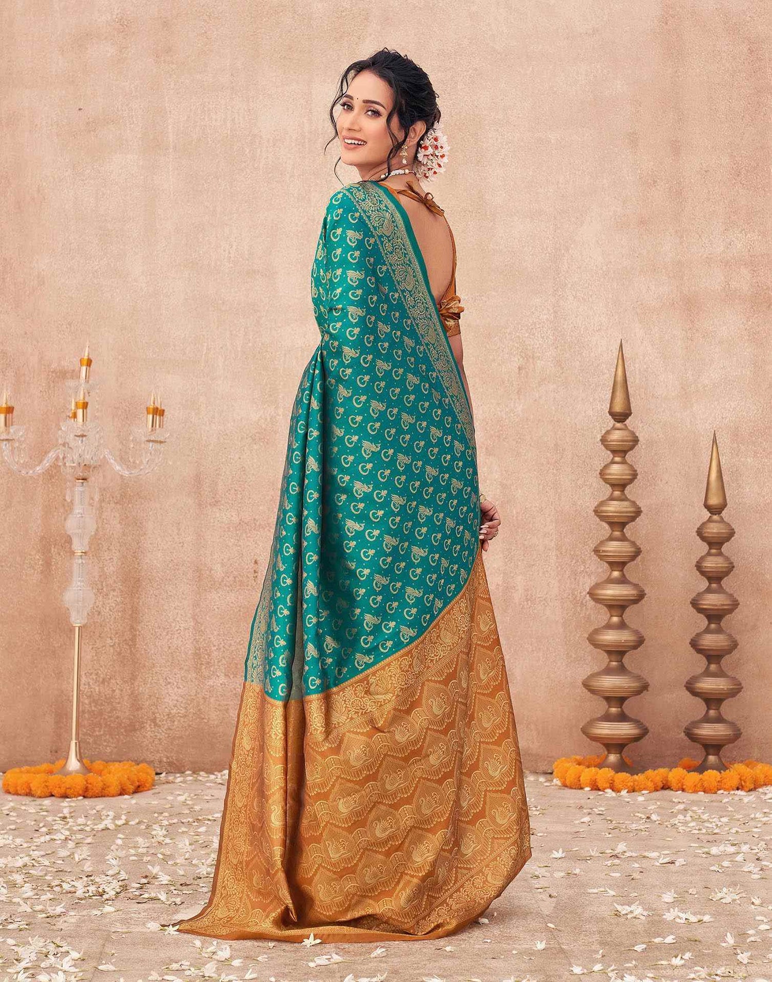 Teal Green Shimmer Silk Woven Banarasi Saree