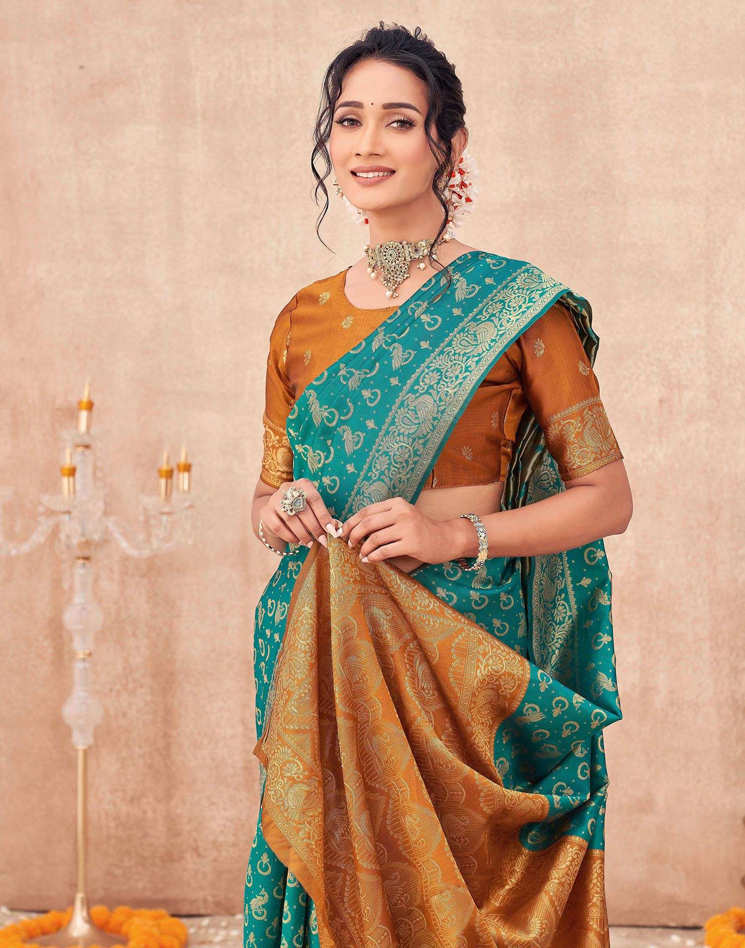 Teal Green Shimmer Silk Woven Banarasi Saree