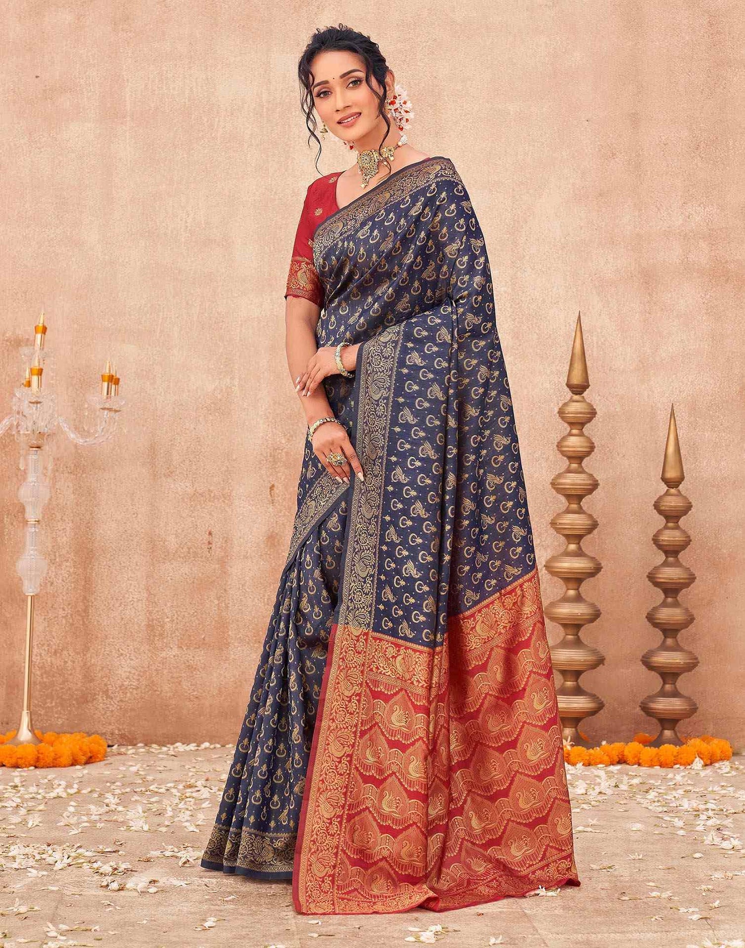 Navy Blue Shimmer Silk Woven Banarasi Saree