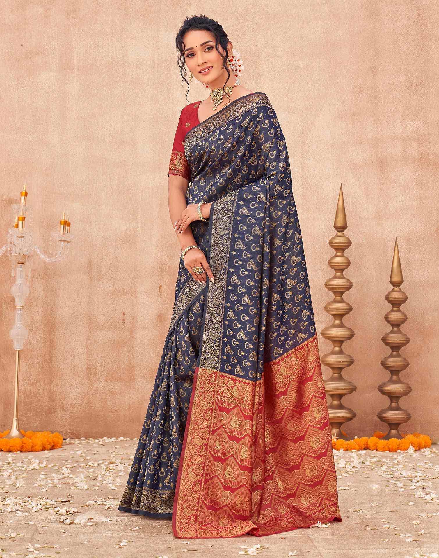 Navy Blue Shimmer Silk Woven Banarasi Saree