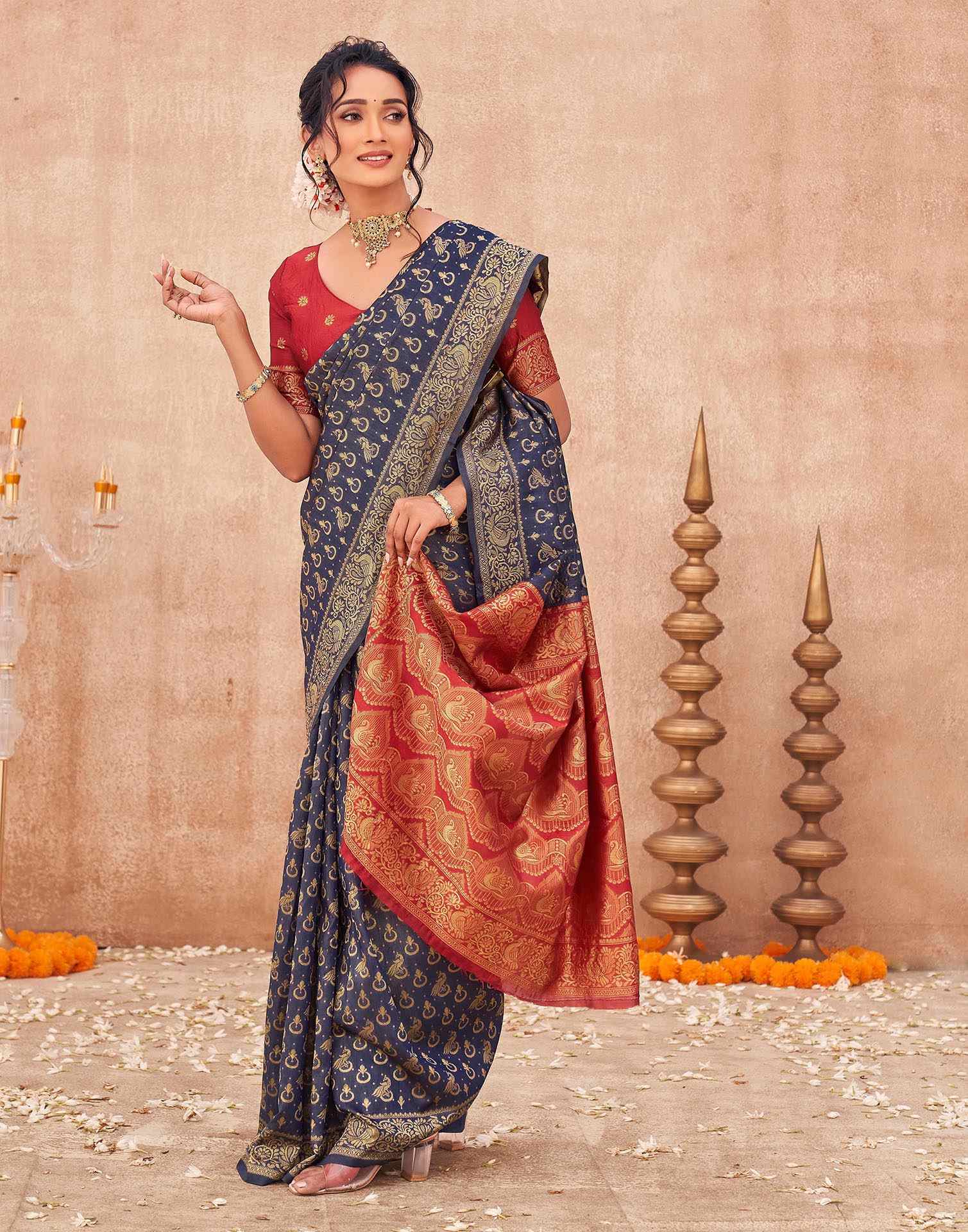 Navy Blue Shimmer Silk Woven Banarasi Saree