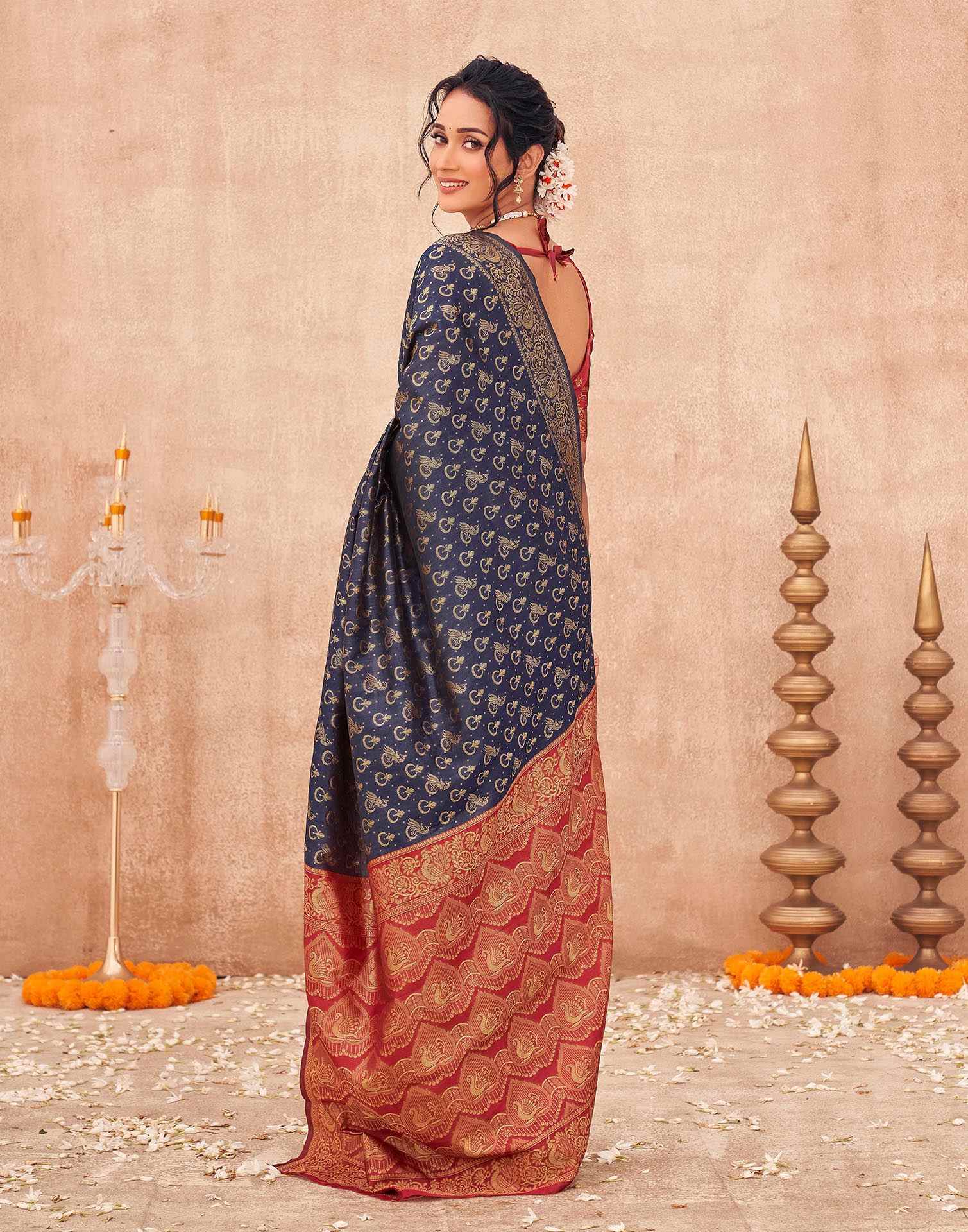 Navy Blue Shimmer Silk Woven Banarasi Saree