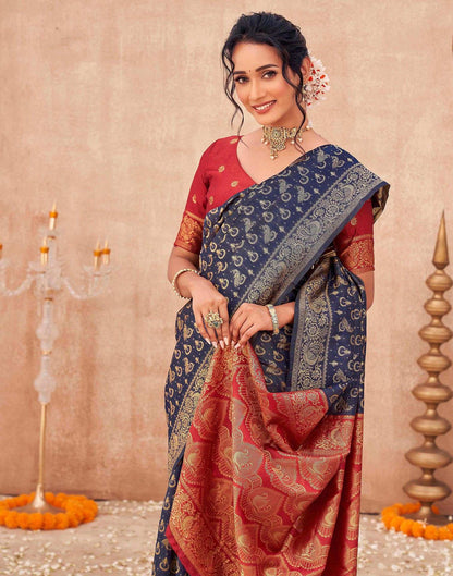 Navy Blue Shimmer Silk Woven Banarasi Saree