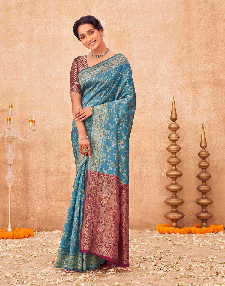 Teal Blue Shimmer Silk Woven Banarasi Saree