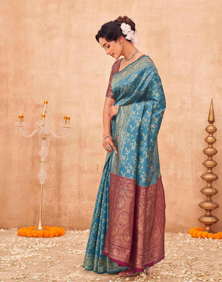 Teal Blue Shimmer Silk Woven Banarasi Saree
